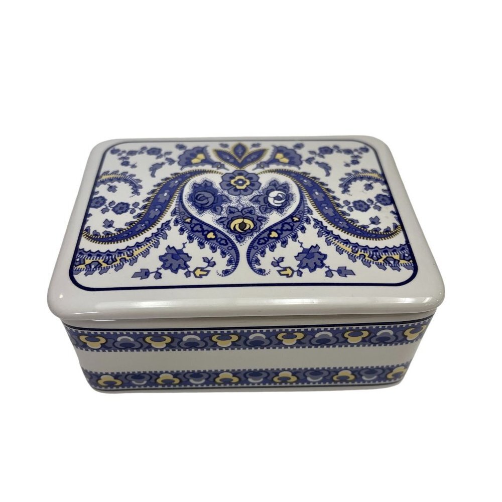 Thai Stoneware Trinket Box With Blueish Purple and Yellow Floral Paisley Pattern - Picture 2 of 9